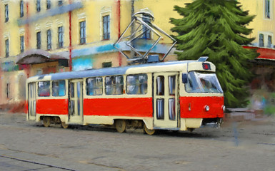 Fototapeta na wymiar Oil paintings landscape, red tram in city. Fine art.