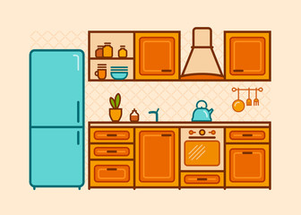 Kitchen, furniture drawn in a linear flat style. Cartoon vector illustration