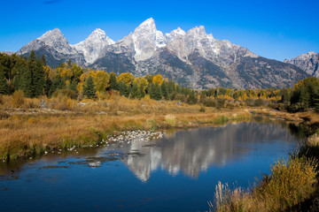 Teton Mountains reflected in the Snake River