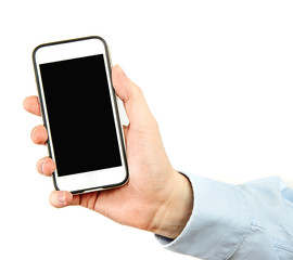 Phone in hand on a white background. A man holds a phone with a blank display in his hand. The concept of supplementing content, providing information.