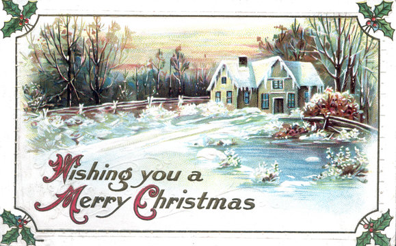 Vintage Postcard, Antique Greeting card, Merry Christmas, House on pond within frame, holly in the corners.