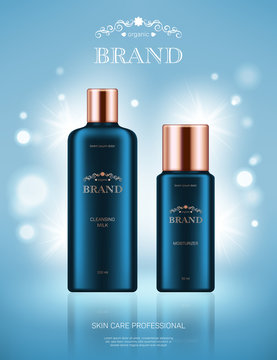 Realistic cleansing milk and moisturizer bottles with golden lids on light blue background with bokeh lights. Advertising poster for the promotion of cosmetic skin care premium product