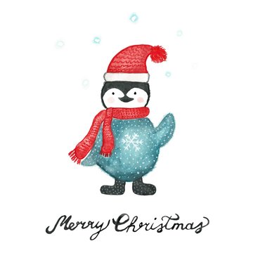 Merry Christmas card with watercolor penguin. illustration.