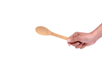 Man hand holding wooden spatula isolated on white background