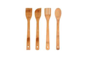 Set of Bamboo kitchen tool isolated on white background. Bamboo spatula 