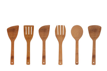 Set of Bamboo kitchen tool isolated on white background. Bamboo spatula 