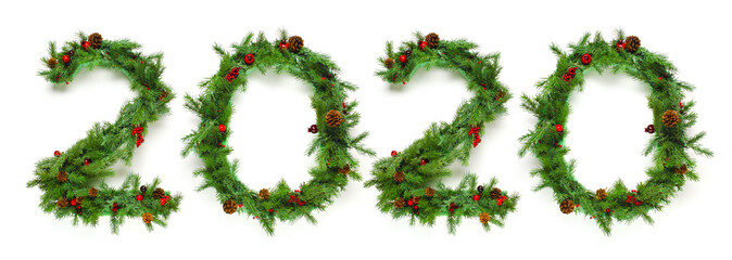 2020 New Years numbers in Christmas tree branches, berries, and pine cones. Isolated on white.