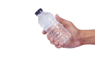 Man hand holding plastic water bottle isolated on white background