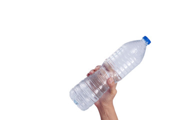 Man hand holding plastic water bottle isolated on white background
