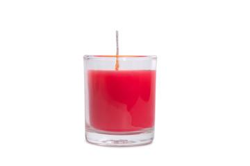 Red Wax Candle in Glass Isolated on White Background.