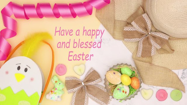 Easter title appear on marble table with pastel colored decoration - Stop motion 