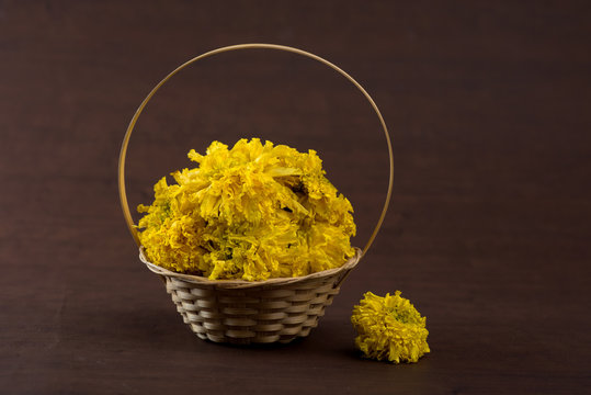 Marigold (Zendu Flowers) flowers in a bamboo basket.