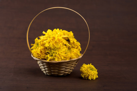 Marigold (Zendu Flowers) flowers in a bamboo basket.