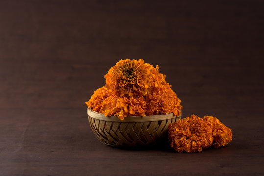 Marigold (Zendu Flowers) flowers in a bamboo basket.