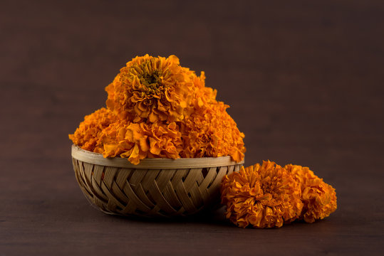 Marigold (Zendu Flowers) flowers in a bamboo basket.