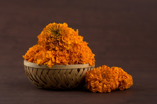 Marigold (Zendu Flowers) flowers in a bamboo basket.