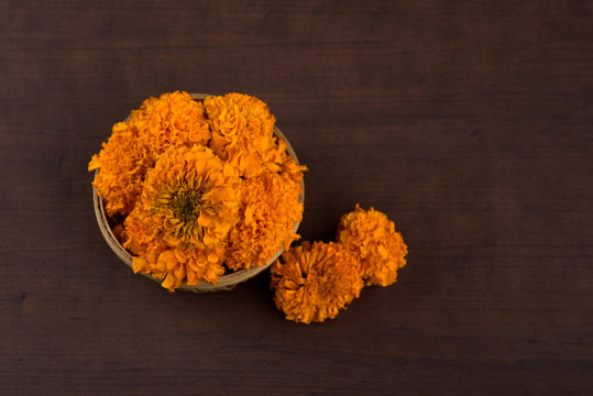 Marigold (Zendu Flowers) flowers in a bamboo basket.