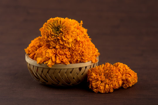 Marigold (Zendu Flowers) flowers in a bamboo basket.