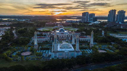 Aerial landscape of sunrise at The Kota Iskandar Mosque at Iskandar Puteri, Johor State  Malaysia early in the morning