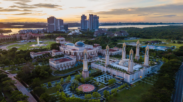 Beautiful aerial landscape during sunrise at The Kota Iskandar Mosque located at Kota Iskandar, Iskandar Puteri, Johor State  Malaysia early in the morning