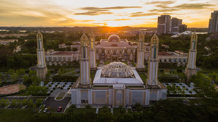 Magnificent aerial view of sunrise at The Kota Iskandar Mosque located at Kota Iskandar, Iskandar Puteri, Johor State  Malaysia early in the morning