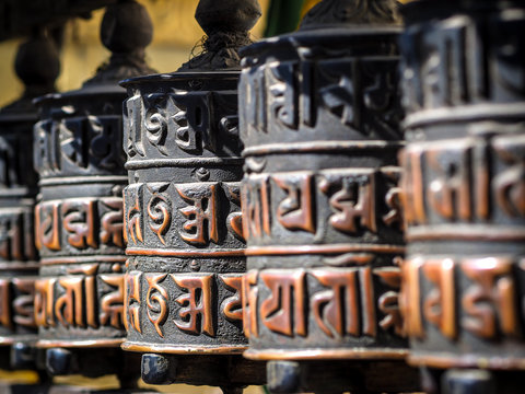 Prayer wheels at swayambhunath monkey temple in Kathmandu, Nepal