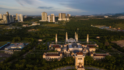 Beautiful aerial landscape of sunrise at The Kota Iskandar Mosque located at Kota Iskandar, Iskandar Puteri, Johor State  Malaysia early in the morning