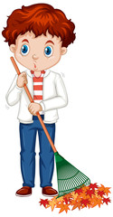 Boy raking leaves on white background
