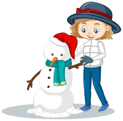 Girl making snowman on isolated background