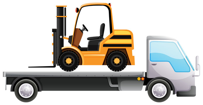 Forklift on flatbed truck on isolated background