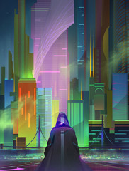 painted vibrant nightly urban landscape in cyberpunk style © khius