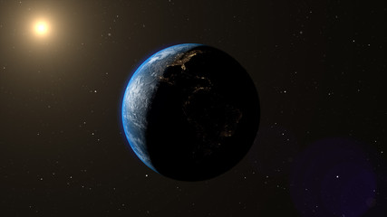 Planet earth from space. Planet earth. Contains space, planet, stars, sea, earth, sunset, globe and city lights. Ultra realistic 3D rendering. 3D illustration digital.