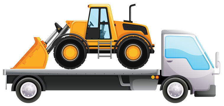 Flatbed truck and bulldozer on isolated background