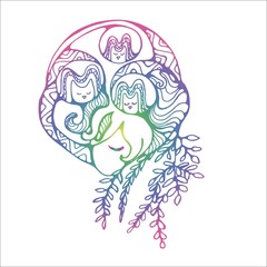 Neon illustration of a girl with owls in her head. A meditative image of the spirit of the forest. The idea for a tattoo.