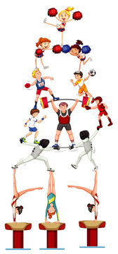 People doing different kinds of sports on white background