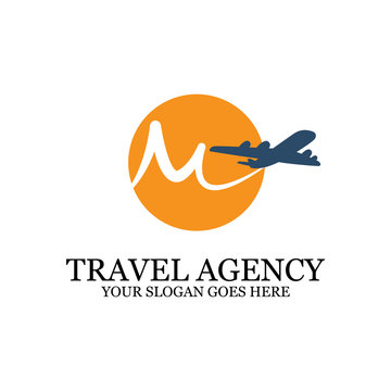 Travel Agency Logo template with airplane, M travel logo inspiration