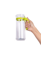 Hand-holding plastic pitcher isolated on white background.