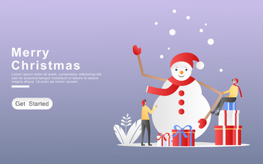 2 men celebrate Christmas by making giant cute snowman dolls. concept of gift, plants, snow, gloves, scarves. for landing page, banner, apps, ux, pattern, frame. Flat cartoon vector illustration