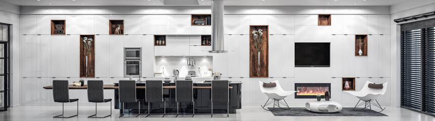 Luxury white modern kitchen interior, 3d render