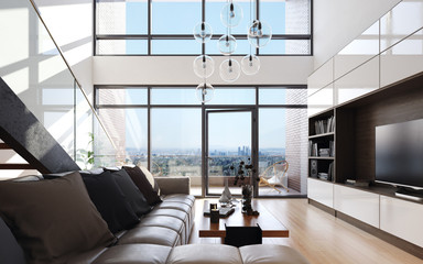 Modern living room in loft apartment, 3d render - obrazy, fototapety, plakaty