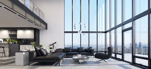 Fotobehang Luxury modern penthouse interior with panoramic windows, 3d render © artjafara