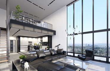 Luxury modern penthouse interior with panoramic windows, 3d render - obrazy, fototapety, plakaty