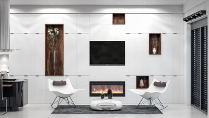 Modern white home interior, living room area, 3d render