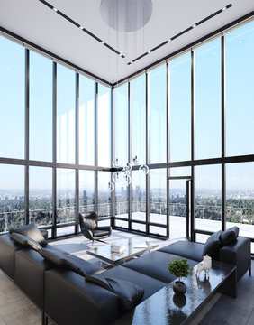 Luxury modern penthouse interior with panoramic windows, 3d render
