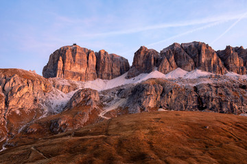 Sunrise in Italian dolomites during autumn