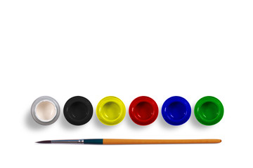 Poster color bottle with brush isolated on white background.Top view