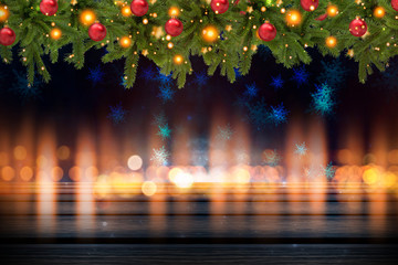 Dark winter background. Wooden table top in the foreground, winter landscape with bokeh in the background