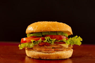 Front view smoked turkey hamburger whit black background