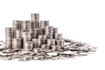 A group of Thai 1 Baht silver coint stack in vertical row and random sit on the floor