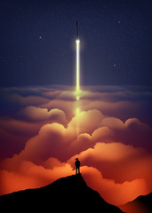 An illustration of the space rocket is flying up to the atmosphere with the silhouette of the unknown man standing and observing on the peak